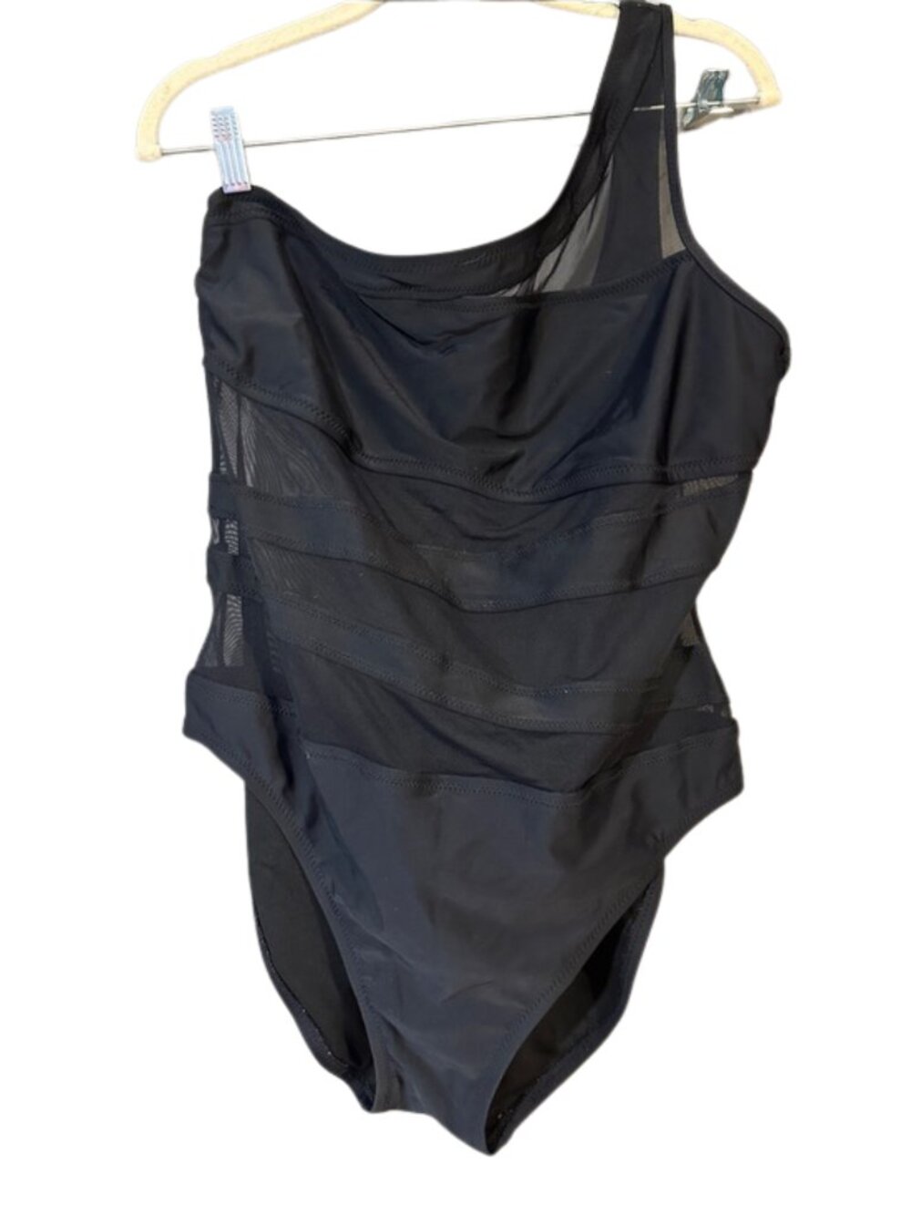 Shade & Shore Black One Shoulder Mesh One Piece Swimsuit Size XL